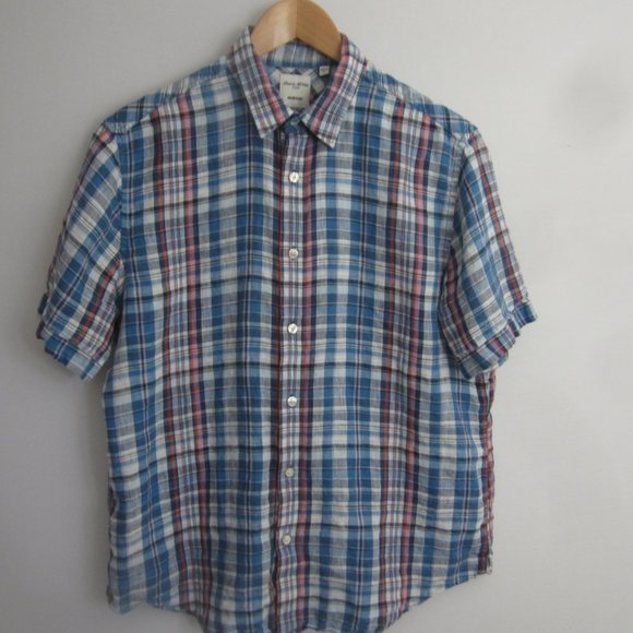 Murano Mens L Blue Plaid Baird McNutt Irish Linen SS Button Front Shirt Classic - Picture 1 of 8